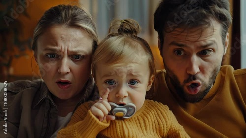 A mom, dad, and their little child sit on the couch, watching a laptop screen in disbelief. Their faces show a mix of surprise and concern as they react to what they see together.