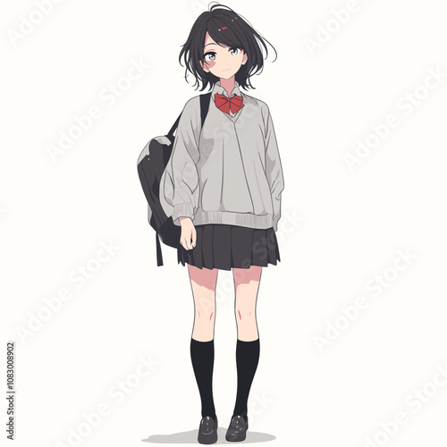 Anime-Style Schoolgirl Full-Body Illustration
