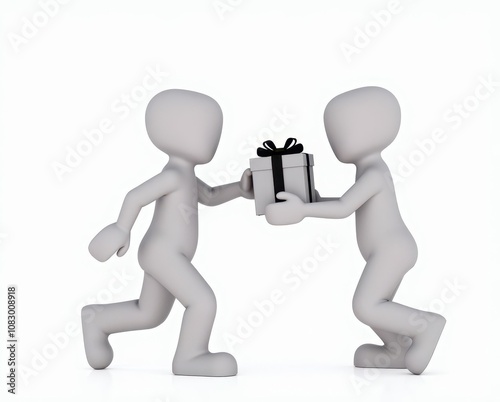 gray toy man gives a beautiful gift to another man