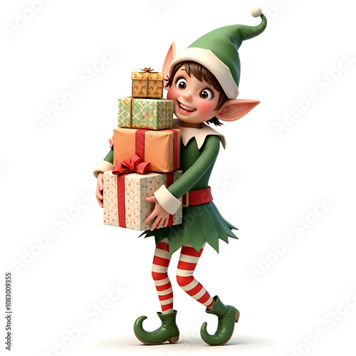 Cheerful elf with colorful christmas presents in a whimsical holiday scene, 3d rendering of character design concept.