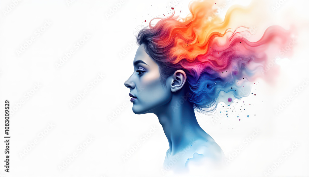 Fototapeta premium Watercolor Art of an Abstract Head Outline Filled with Swirling Colors Representing Emotions, Soft Brushwork and a Calming Palette
