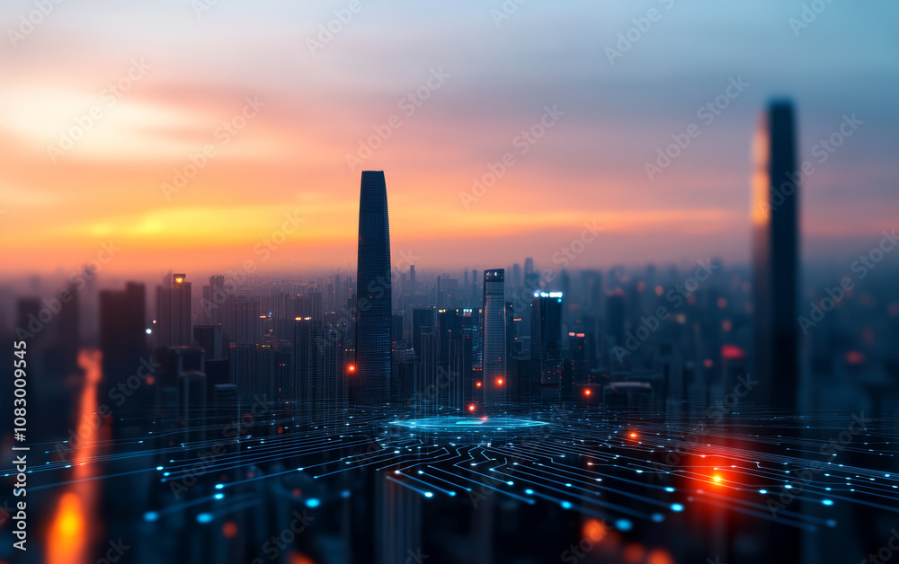 Fototapeta premium Modern urban architecture and Ai artificial intelligence technology theme background 