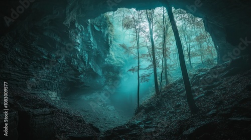 Misty cave opening to a forest with sunlight filtering through photo