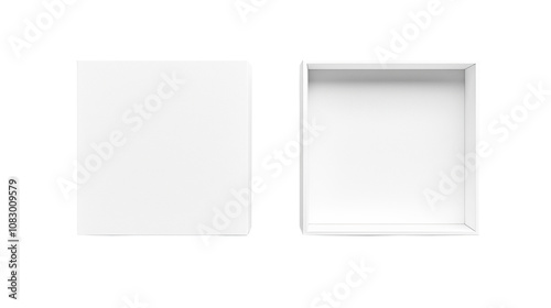 Open empty white square gift box with ribbon bow isolated on transparent background top view. Packages mock up for product presentation, surprise and sales. Opened and closed cardboard present box.