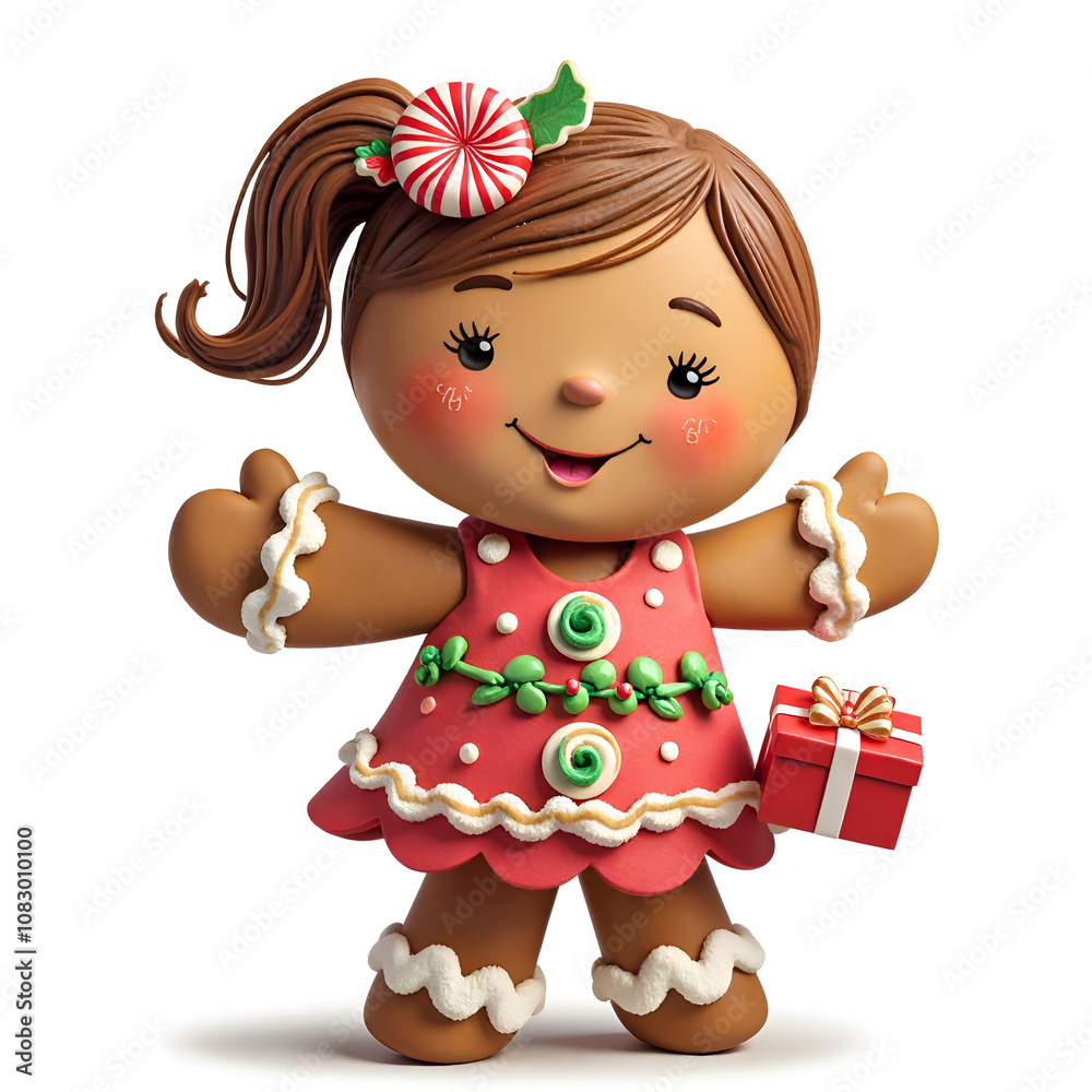 Fototapeta premium Cheerful gingerbread girl with a gift and festive decorations for a joyful holiday scene, 3d rendering of character design concept.