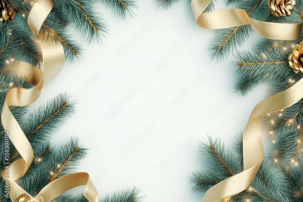 Naklejka premium Elegant frame of Christmas tree branches and golden ribbons