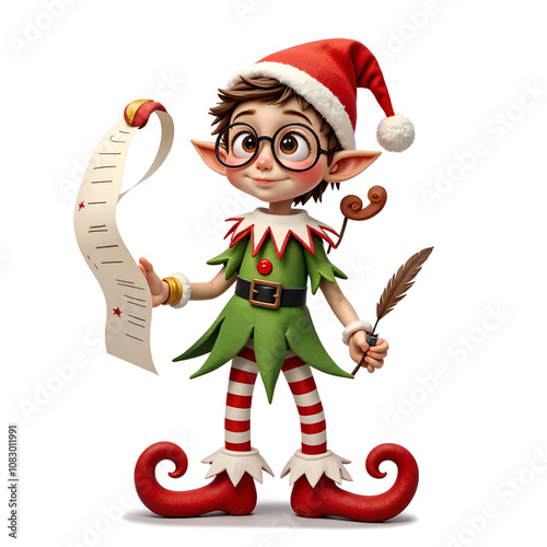 Cheerful elf with a scroll and feather quill ready for holiday preparations, 3d rendering of character design concept.