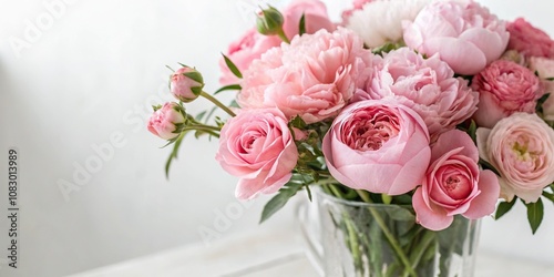 Fototapeta Naklejka Na Ścianę i Meble -  Close-up of soft pink peonies and roses in a vase with a minimalist background, close up, home decor