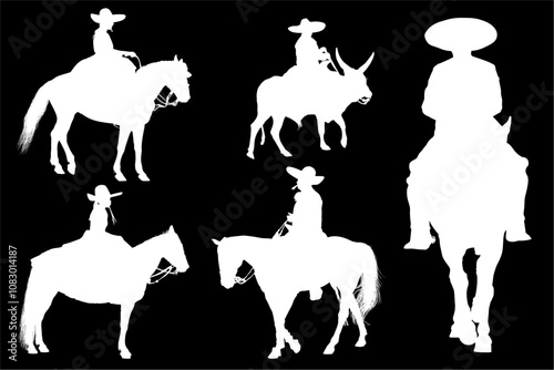 vaqueros, caballos, toro, cuernos, arbol, pony, cabalgata, cambo, arbol, ramas, vector, contraluz, atardecer, charros, mexico, jalisco