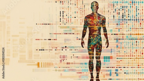 A human silhouette is layered over vibrant DNA sequences, symbolizing the intersection of genetics and human identity. Generative AI