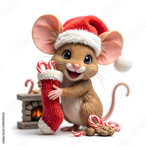 A cheerful cartoon mouse in a santa hat holding a christmas stocking filled with candy canes and cookies by a fireplace, 3d rendering of character design concept. photo