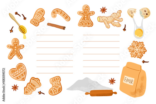 Recipe page with Gingerbread Cookies and ingredients for cooking. Empty template card, Lined page with copy space for writing recipes. Homemade Christmas cookie. Vector isolated on white background