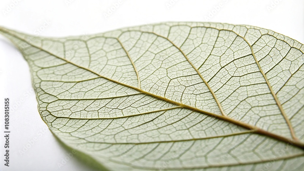 Obraz premium Close-up shot of a single macro leaf with intricate details and veins on a plain white or gray background, photography, close-up, foliage, greenery