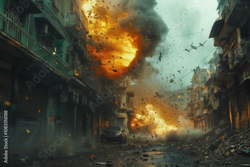 Destruction Unfolds as Drones Engage in Relentless Warfare Over a Devastated Middle Eastern City, With Fiery Explosions Against Darkening Skies