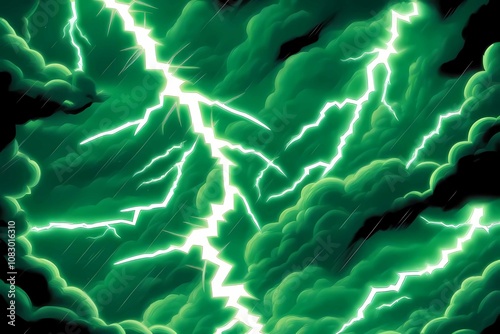 Dynamic green lightning strikes through dark storm clouds with intense flash effects photo