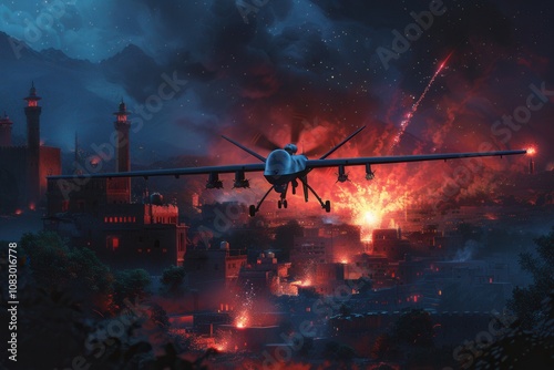 Intense Nighttime Drone Warfare Over a War-Torn City With Illuminated Explosions and a Star-Filled Sky