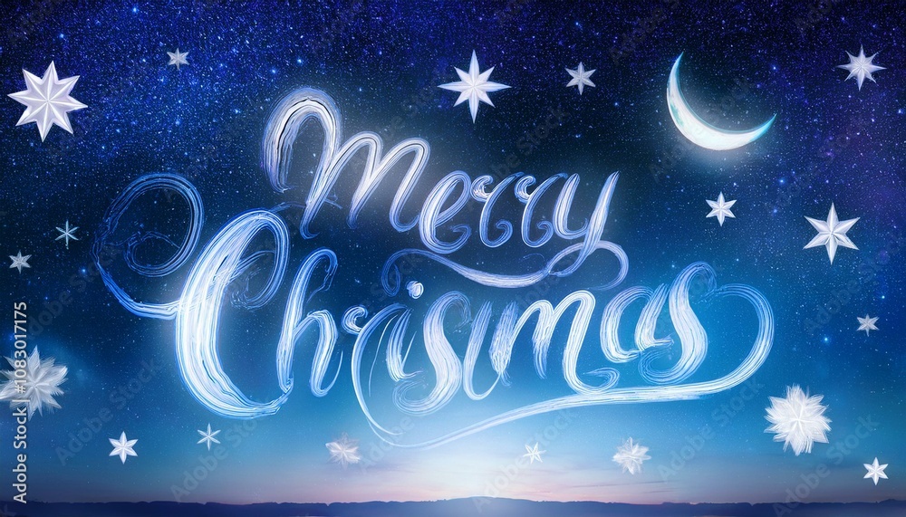 custom made wallpaper toronto digital夜空のグラデーションを背景に、星や月が散りばめられ、青と白で『メリークリスマス』の文字が描かれた、穏やかでロマンティックなデザイン。

