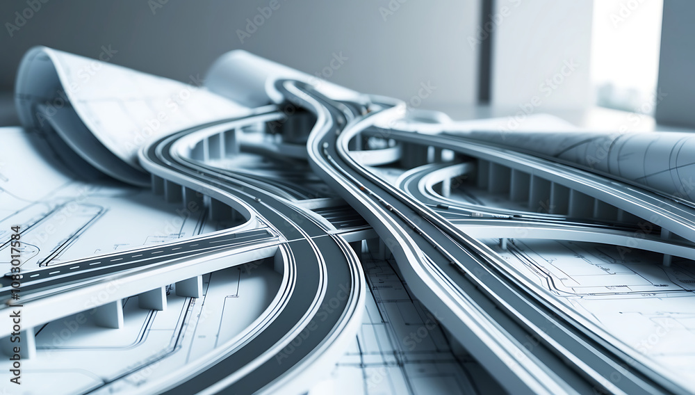 Fototapeta premium An architect blueprint of a complex highway interchange, emphasizing the sophisticated planning involved in road design.
