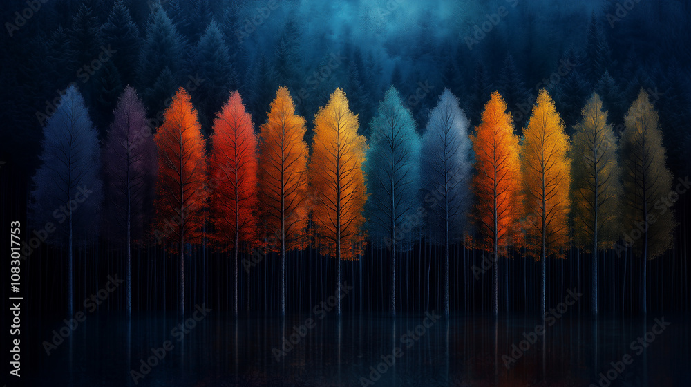 Fototapeta premium Abstract enchanted forest where the trees are reflecting a rainbow of colors from a radiant sky
