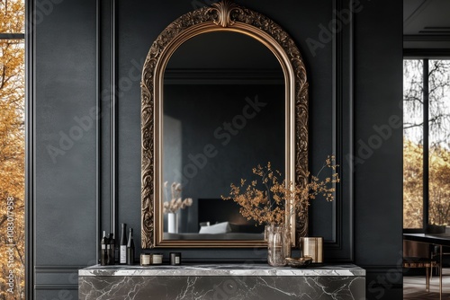 luxurious home decor, luxurious marble console below a stylish arched mirror, beautifully framed by elaborate gold detailing for a lavish look photo