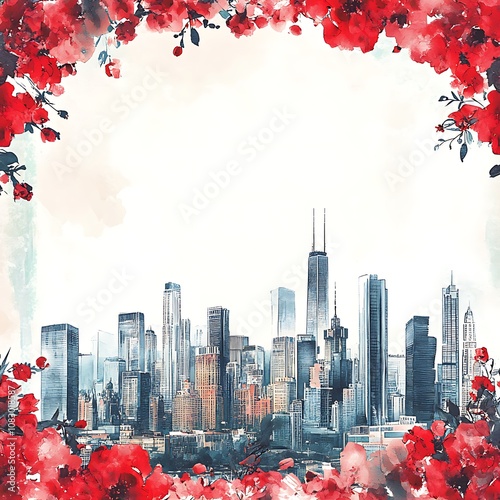 Watercolor Cityscape Framed by Red Blossoms photo