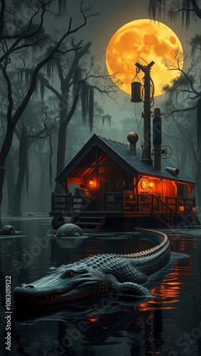 A house in the creepy swap under the full moon. An alligator lurks. 
