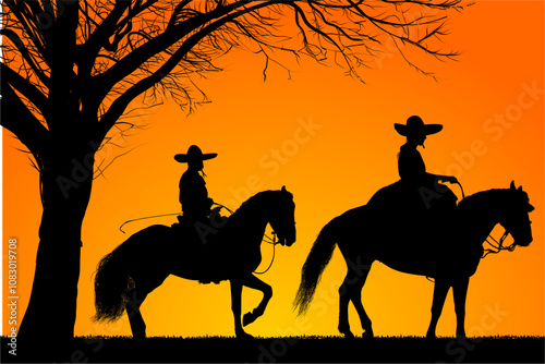 vaqueros, caballos, toro, cuernos, arbol, pony, cabalgata, cambo, arbol, ramas, vector, contraluz, atardecer, charros, mexico, jalisco