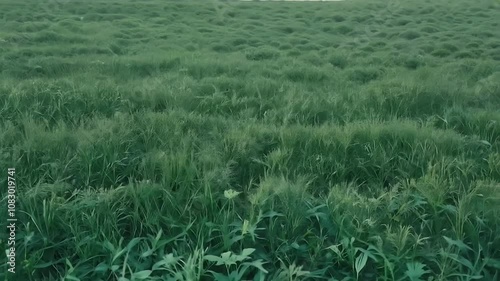 drone shot 4K lush green grass swaying wind showing plants rbs moving breeze capturing nature above photo