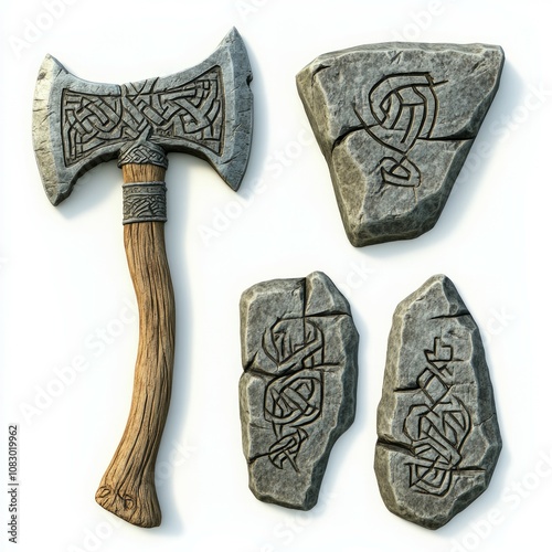 Viking fantasy material, axe on an isolated white background. photo