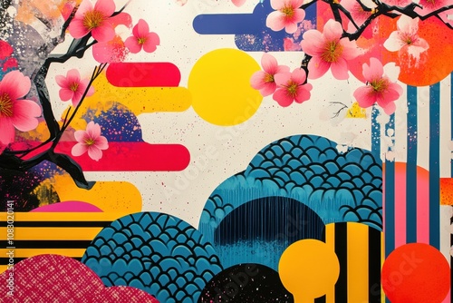 japanese pop art, vibrant japanese pop art featuring bold geometric patterns and bright colors against a lively background with a festive feel photo