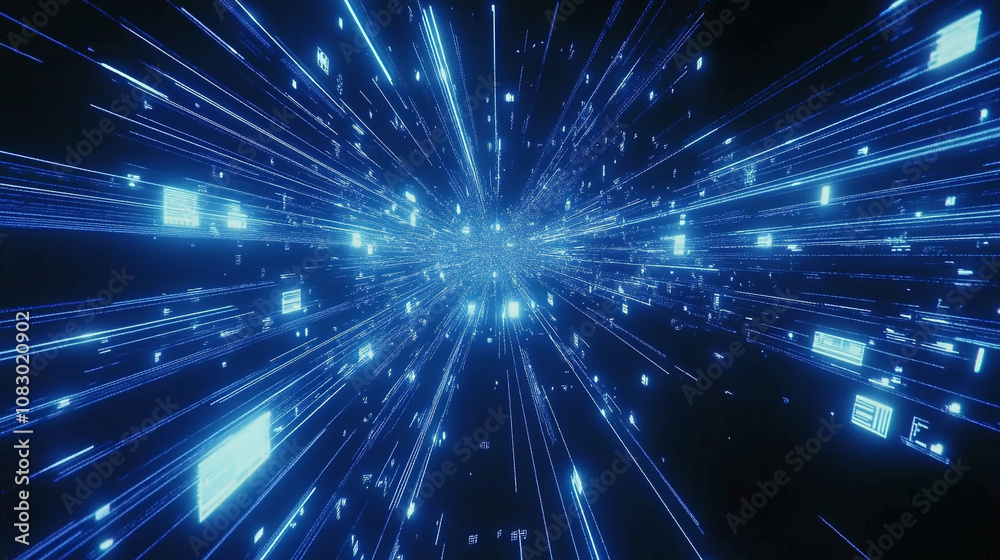 Obraz premium Futuristic Data Stream Abstract Blue Digital Tunnel High Tech Background Network Techn