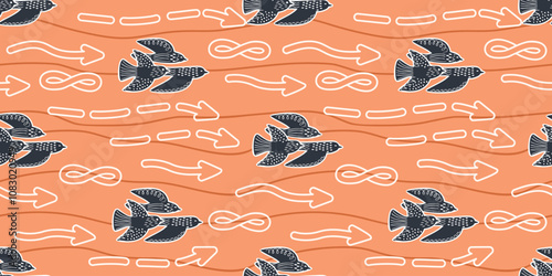 Flying birds and arrows on background with rough lines.Seamless pattern with hand drawn animals and contours of abstract forms.Print on fabric and paper.Vector flat color illustration for textile.