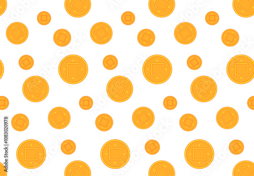 Chinese gold coins seamless pattern on transparent background,  Vector illustration. Flat graphic style. Concept for holiday decor element