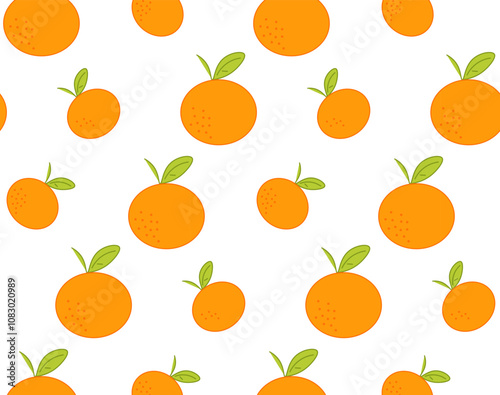 Seamless pattern with orange mandarins, tangerines and green leaves. Transparent background, graphic  Vector illustration.