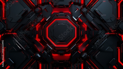 Abstract futuristic red neon glowing octagon shaped background.