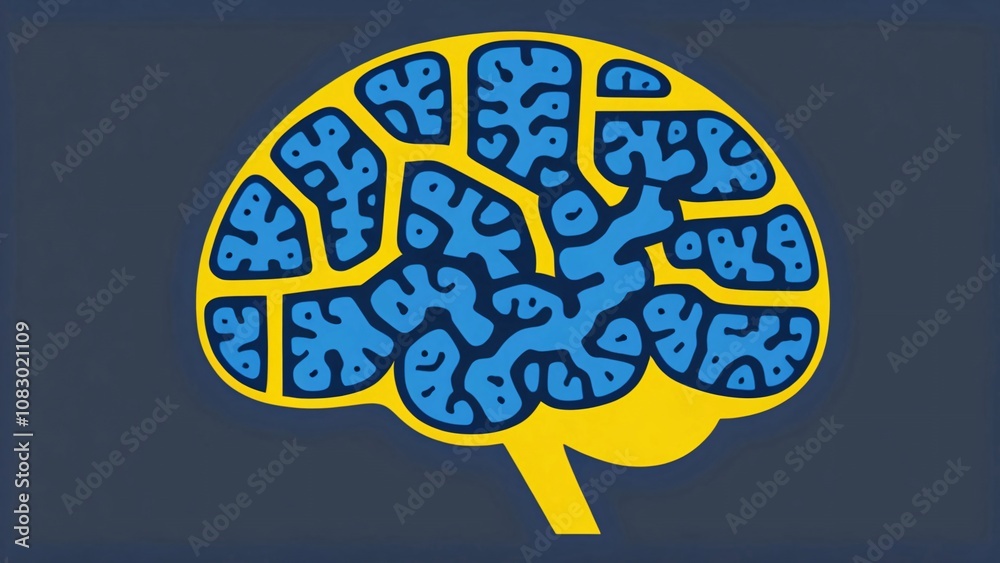 Fototapeta premium Abstract illustration of a brain with yellow and blue shapes representing its complexity and internal structure.