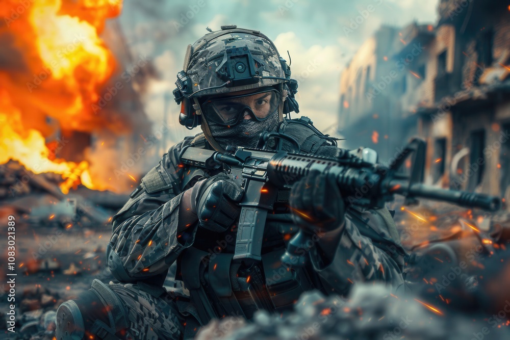 Naklejka premium Crouching Soldier in Rubble