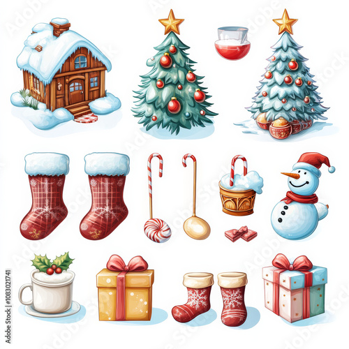 Vector Christmas and New Year elements set, gift or present boxes, trees, socks, snowy house, snowman, warm drinks cups, decorations, stars, bows and ribbons, hats, candy sticks, holly, snowflakes. photo