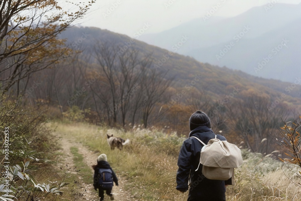 Fototapeta premium Family Hiking Amidst Autumns Beauty
