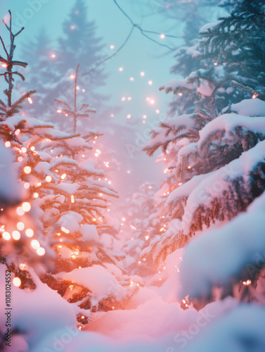 Cinematic analog landscape shot of a snow-covered Christmas fir tree in a snowed forest, adorned with colorful lights in pastel tones photo