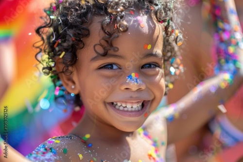 A young girl covered in colorful sprinkles on her face, perfect for birthday party or festive themed photography