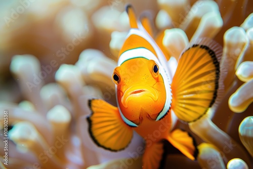 A close-up view of a clown fish hiding among the tentacles of its host anemone photo