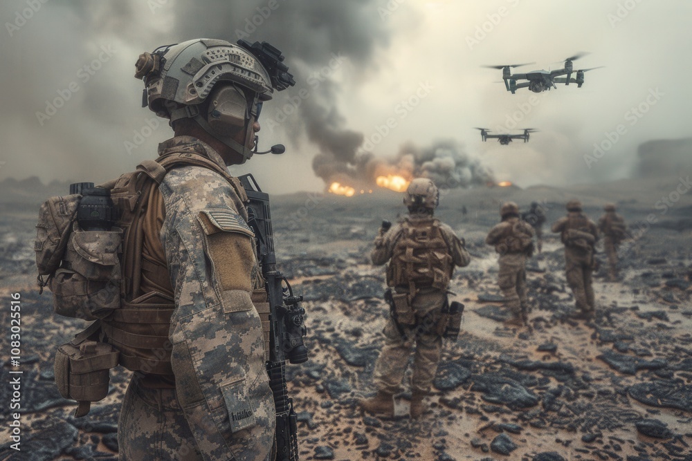 Fototapeta premium Troops Gear Up for Drone Fight