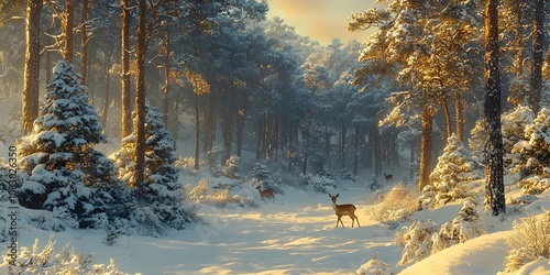 A serene winter scene featuring a male deer in a snow-covered forest, with tall trees blanketed in snow, creating a tranquil and magical atmosphere.