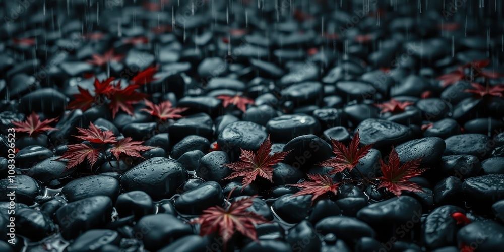 Fototapeta premium A symphony of nature, where crimson maple leaves gracefully descend upon a bed of smooth, dark river stones, as gentle rain falls from above.