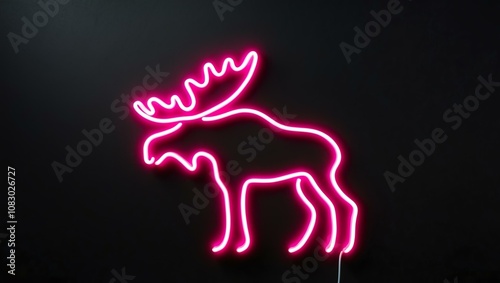 pink neon light moose outline centered on black background