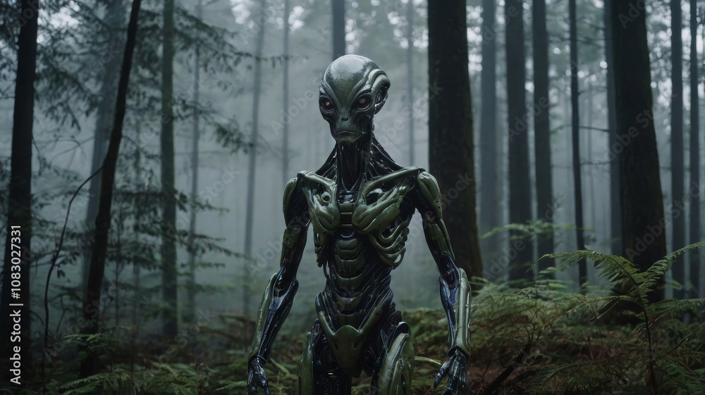 Fototapeta premium Alien in the foggy forest.
