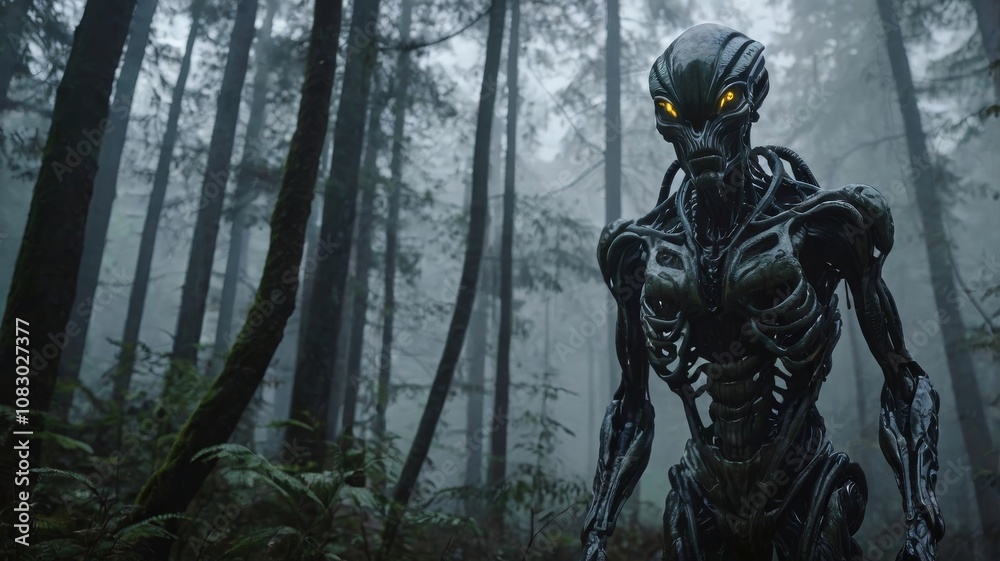 Fototapeta premium Alien in the foggy forest.