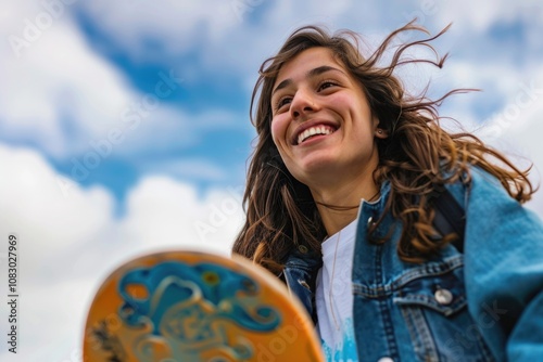 A woman with long hair holding a skateboard photo