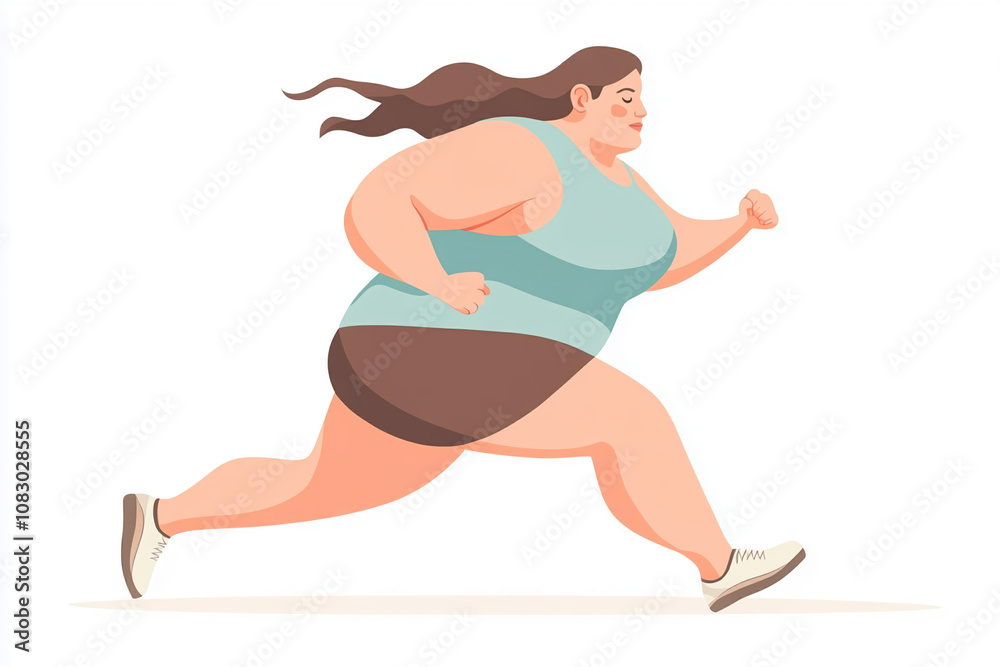 Fototapeta premium A plus-sized woman runs energetically in athletic wear on a bright day, showcasing fitness and the joy of outdoor exercise